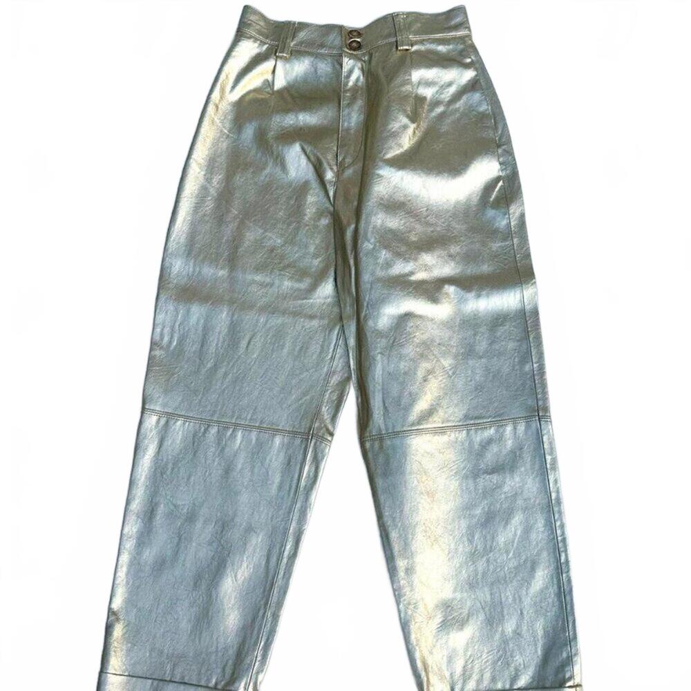 ZARA Gold Metallic Vegan Leather Pants Cuffed Straight-Leg Trousers SIZE M